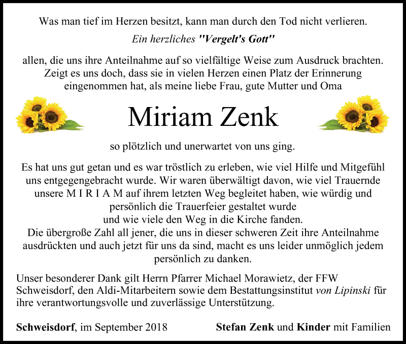  Traueranzeige für Miriam Zenk vom 08.09.2018 aus MGO