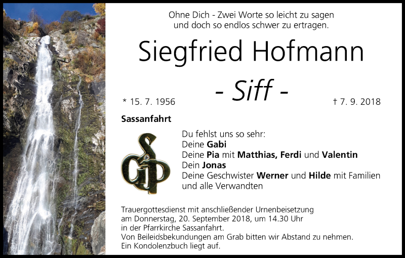  Traueranzeige für Siegfried Hofmann vom 15.09.2018 aus MGO