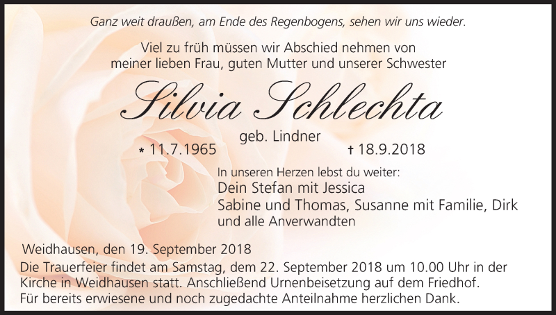  Traueranzeige für Silvia Schlechta vom 19.09.2018 aus MGO