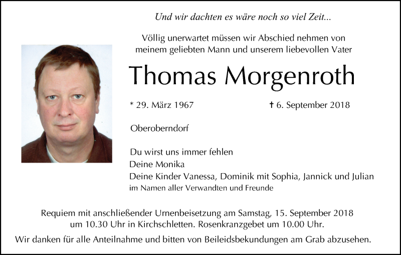  Traueranzeige für Thomas Morgenroth vom 12.09.2018 aus MGO