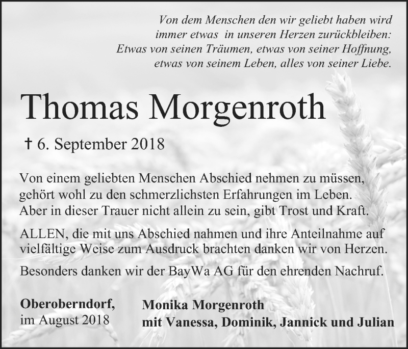  Traueranzeige für Thomas Morgenroth vom 22.09.2018 aus MGO