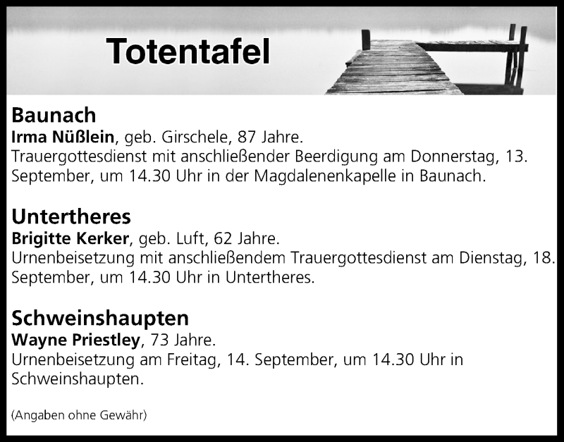  Traueranzeige für Totentafel vom 13.09.2018 vom 13.09.2018 aus MGO
