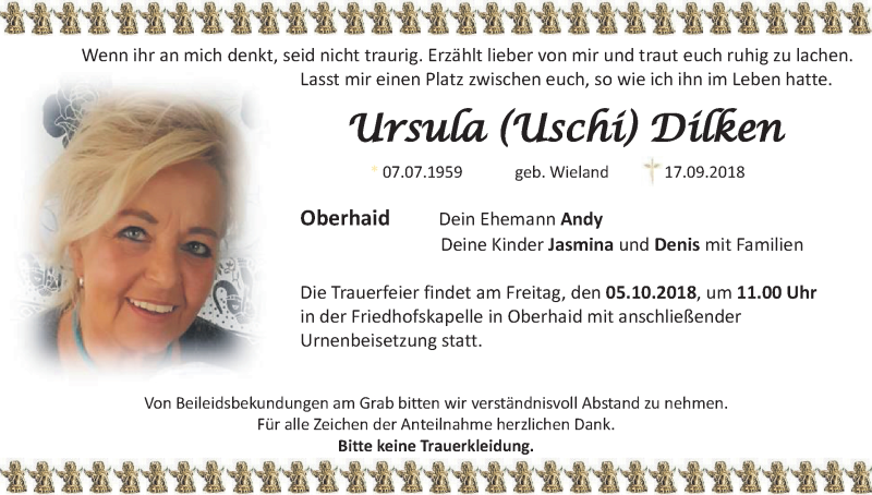  Traueranzeige für Uschi (Ursula Leni) Dilken vom 29.09.2018 aus MGO