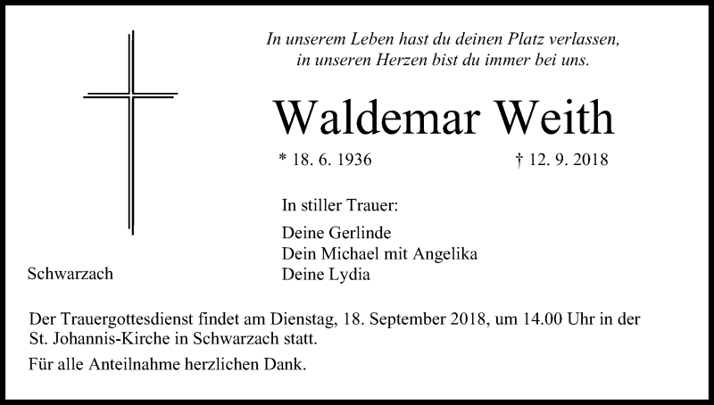  Traueranzeige für Waldemar Weith vom 17.09.2018 aus MGO