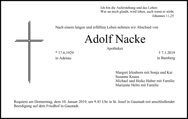  Traueranzeige für Adolf Nacke vom 09.01.2019 aus MGO