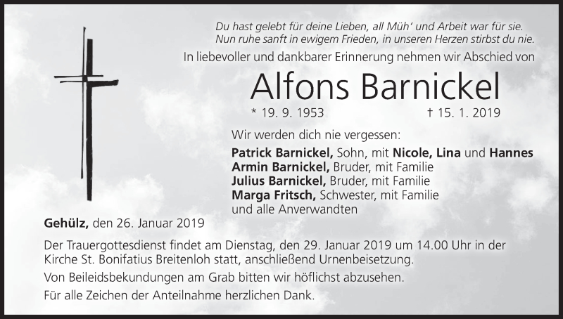  Traueranzeige für Alfons Barnickel vom 26.01.2019 aus MGO
