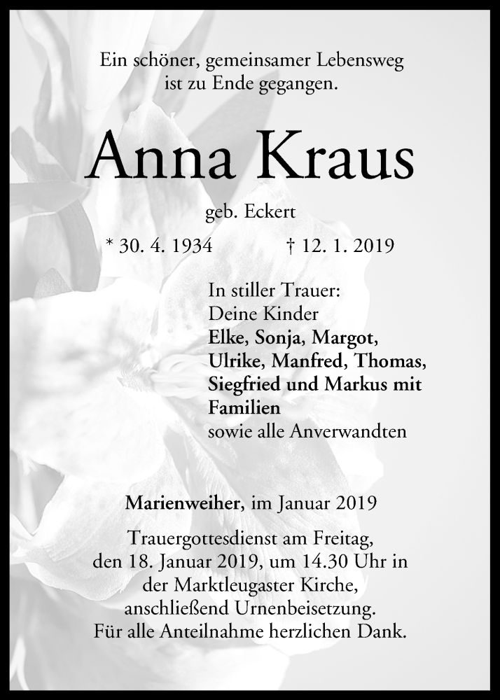  Traueranzeige für Anna Kraus vom 15.01.2019 aus MGO