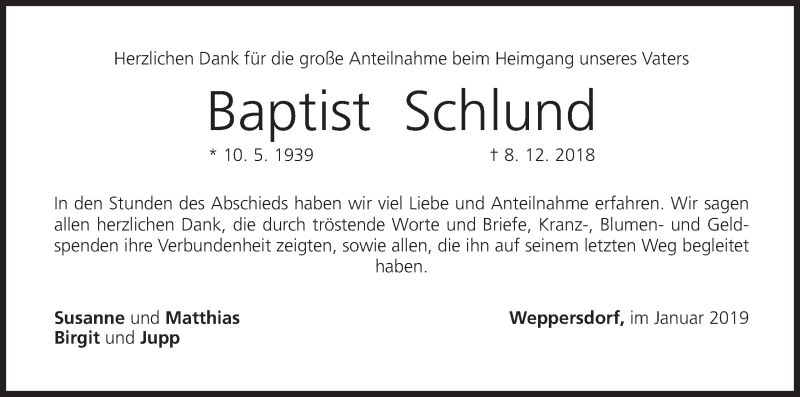  Traueranzeige für Baptist Schlund vom 05.01.2019 aus MGO