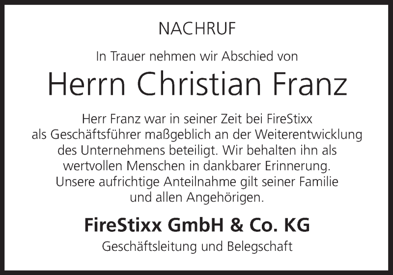  Traueranzeige für Christian Franz vom 12.01.2019 aus MGO