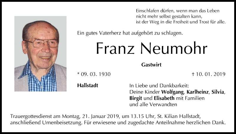  Traueranzeige für Franz Neumohr vom 12.01.2019 aus MGO