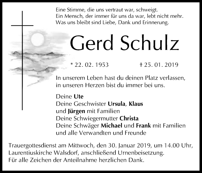  Traueranzeige für Gerd Schulz vom 28.01.2019 aus MGO