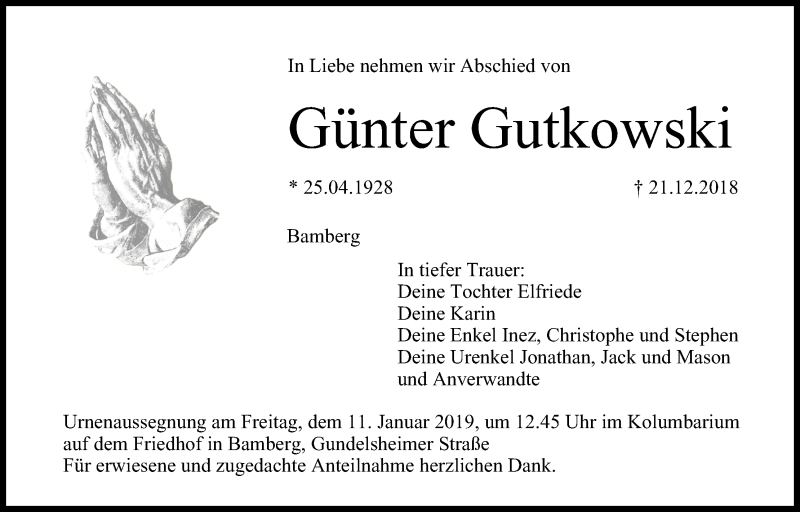  Traueranzeige für Günter Gutkowski vom 05.01.2019 aus MGO