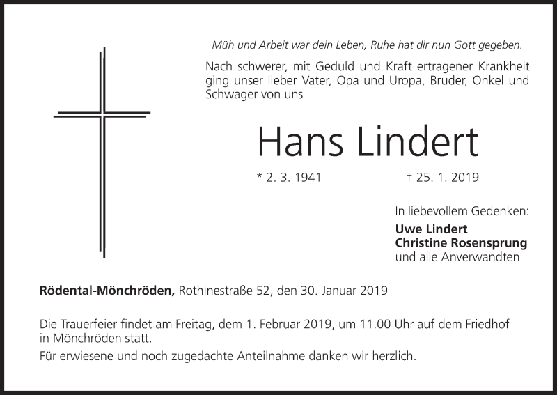  Traueranzeige für Hans Lindert vom 30.01.2019 aus MGO