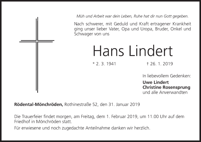  Traueranzeige für Hans Lindert vom 31.01.2019 aus MGO