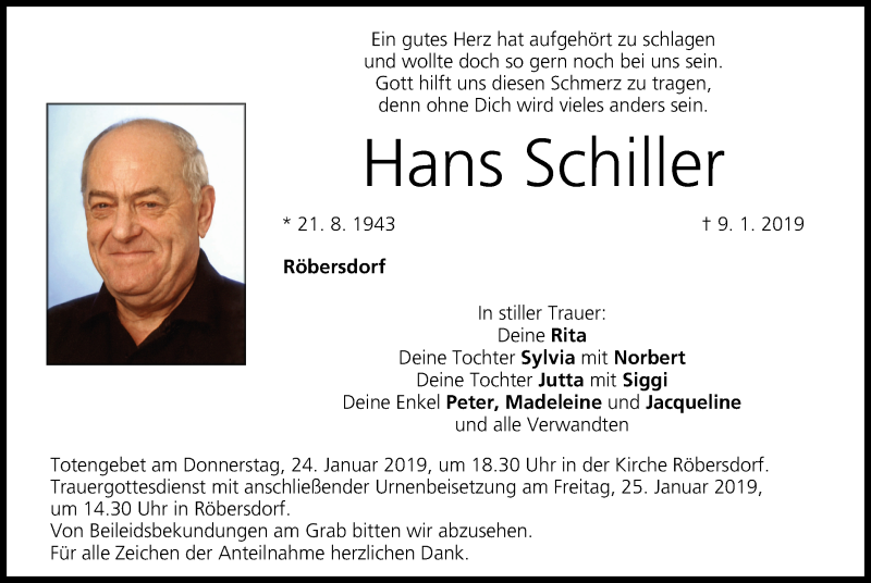  Traueranzeige für Hans Schiller vom 19.01.2019 aus MGO