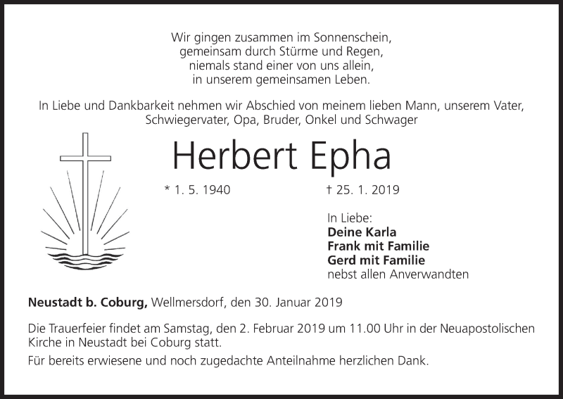  Traueranzeige für Herbert Epha vom 30.01.2019 aus MGO