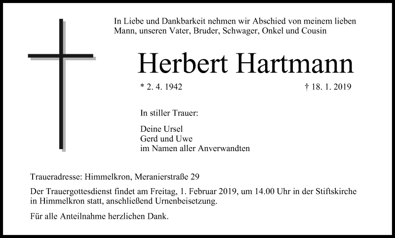  Traueranzeige für Herbert Hartmann vom 29.01.2019 aus MGO