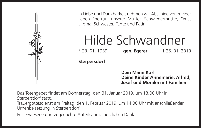  Traueranzeige für Hilde Schwandner vom 30.01.2019 aus MGO