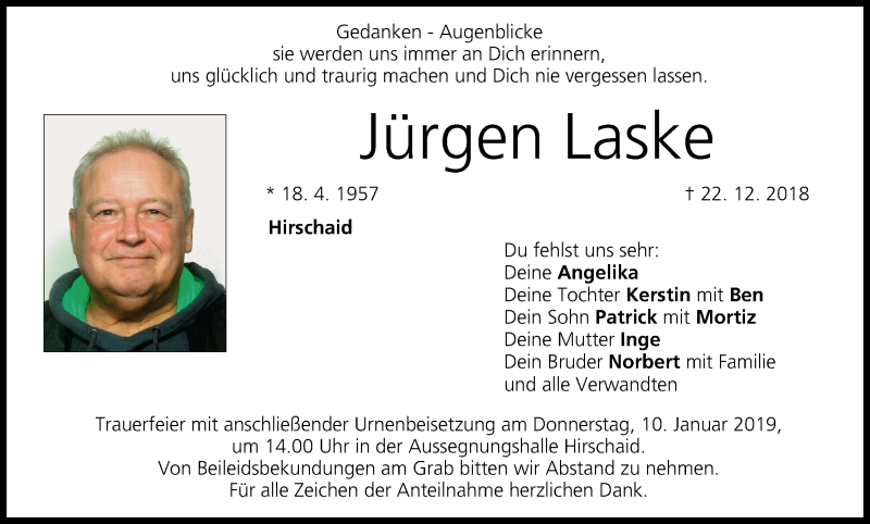  Traueranzeige für Jürgen Laske vom 03.01.2019 aus MGO