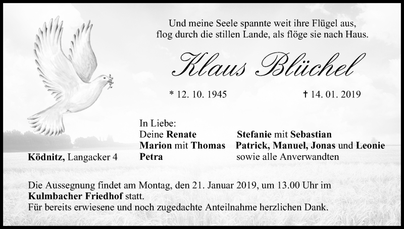  Traueranzeige für Klaus Blüchel vom 17.01.2019 aus MGO