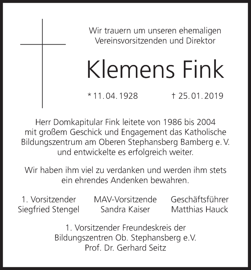  Traueranzeige für Klemens Fink vom 30.01.2019 aus MGO