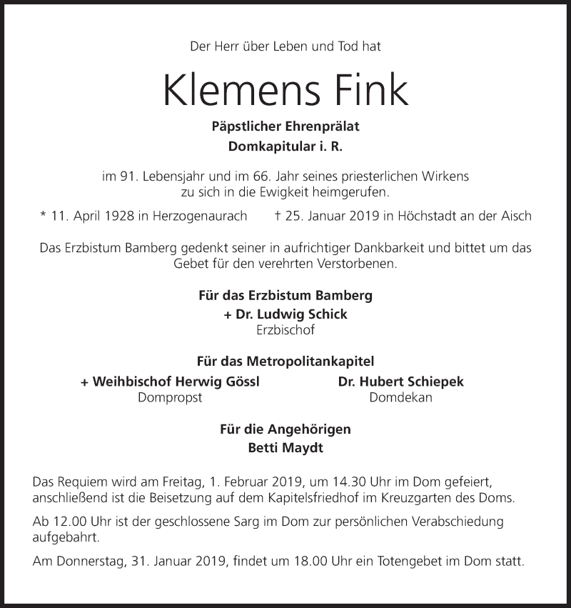  Traueranzeige für Klemens Fink vom 26.01.2019 aus MGO