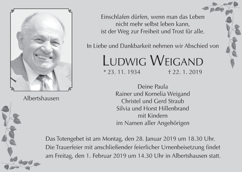  Traueranzeige für Ludwig Weigand vom 26.01.2019 aus MGO