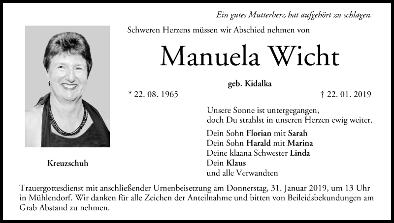  Traueranzeige für Manuela Wicht vom 26.01.2019 aus MGO