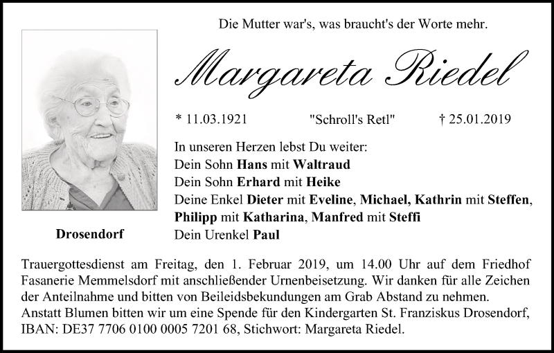  Traueranzeige für Margareta Riedel vom 30.01.2019 aus MGO