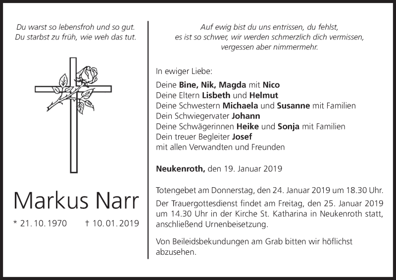  Traueranzeige für Markus Narr vom 19.01.2019 aus MGO