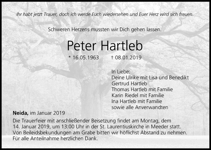  Traueranzeige für Peter Hartleb vom 11.01.2019 aus MGO