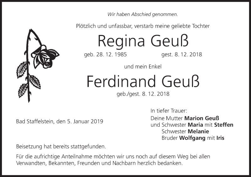  Traueranzeige für Regina Geuß vom 05.01.2019 aus MGO