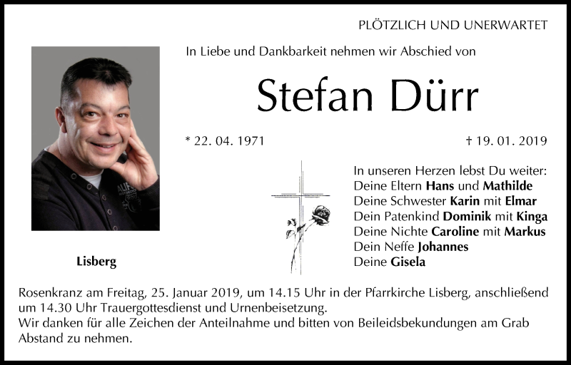  Traueranzeige für Stefan Dürr vom 23.01.2019 aus MGO