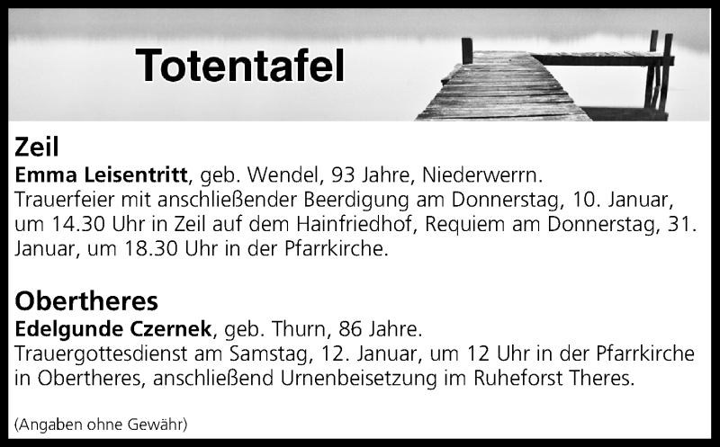  Traueranzeige für Totentafel vom 09.01.2019 vom 09.01.2019 aus MGO