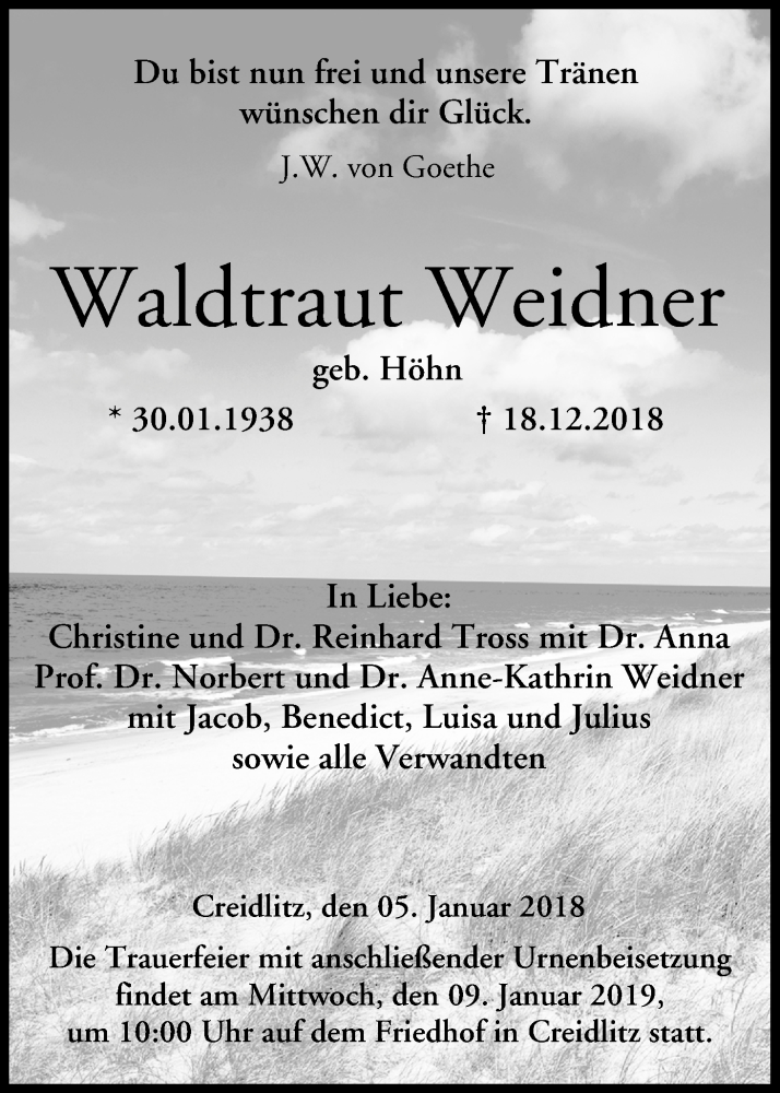  Traueranzeige für Waldtraut Weidner vom 05.01.2019 aus MGO