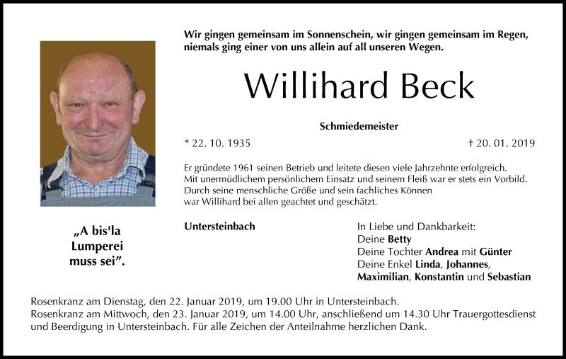  Traueranzeige für Willihard Beck vom 22.01.2019 aus MGO