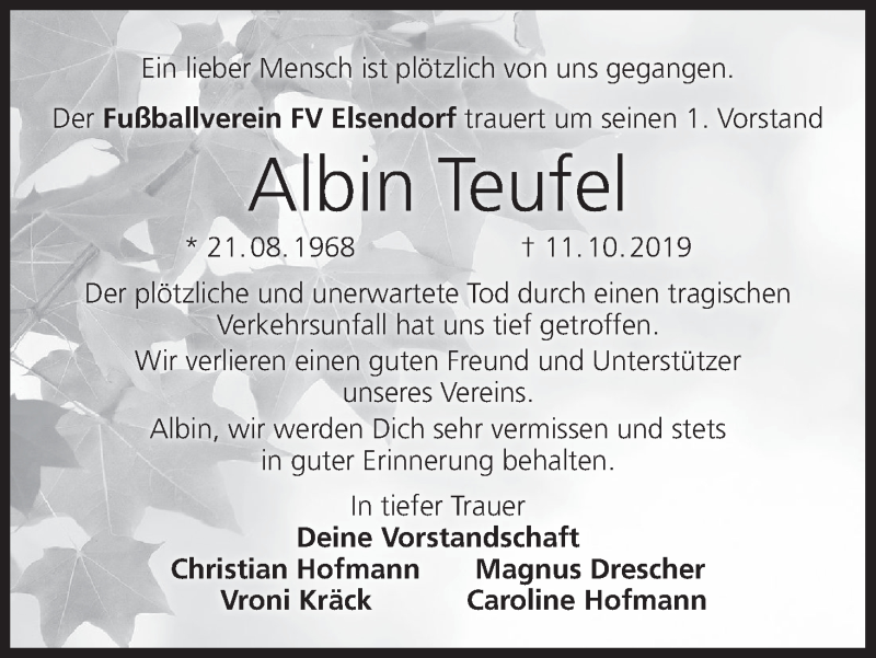  Traueranzeige für Albin Teufel vom 22.10.2019 aus MGO