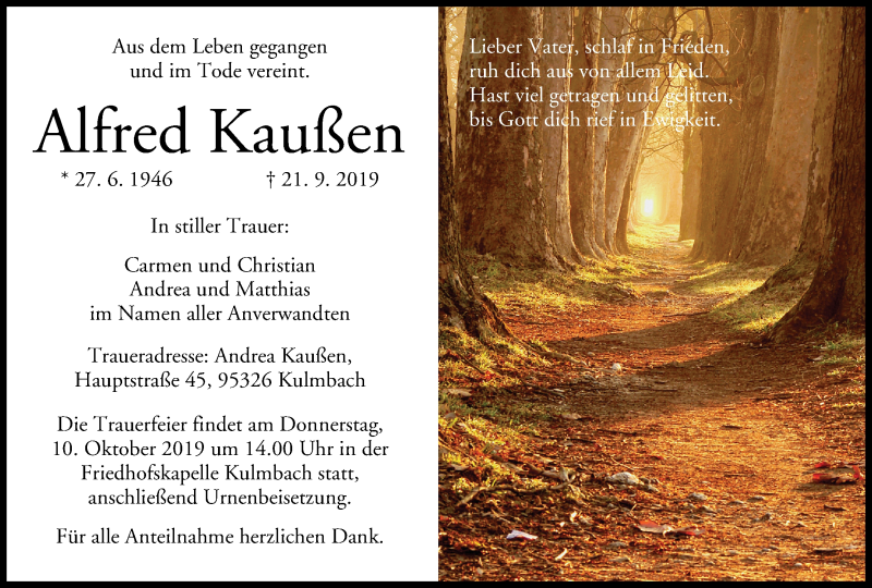  Traueranzeige für Alfred Kaußen vom 05.10.2019 aus MGO
