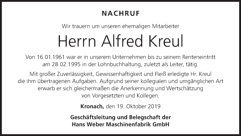  Traueranzeige für Alfred Kreul vom 19.10.2019 aus MGO