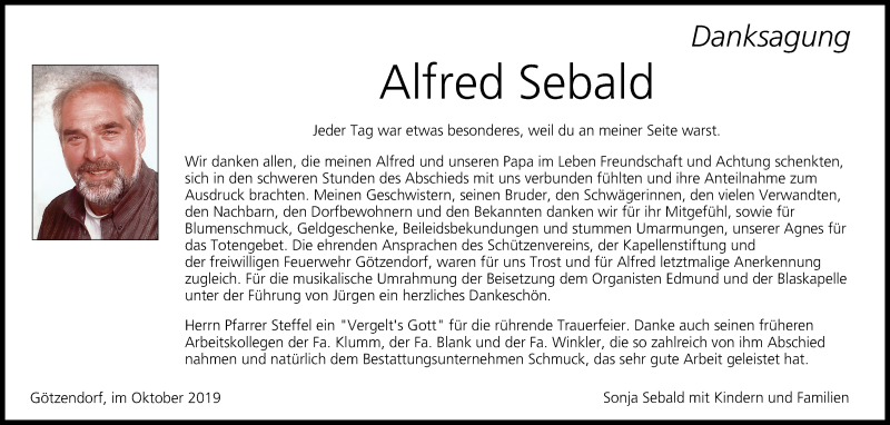  Traueranzeige für Alfred Sebald vom 12.10.2019 aus MGO