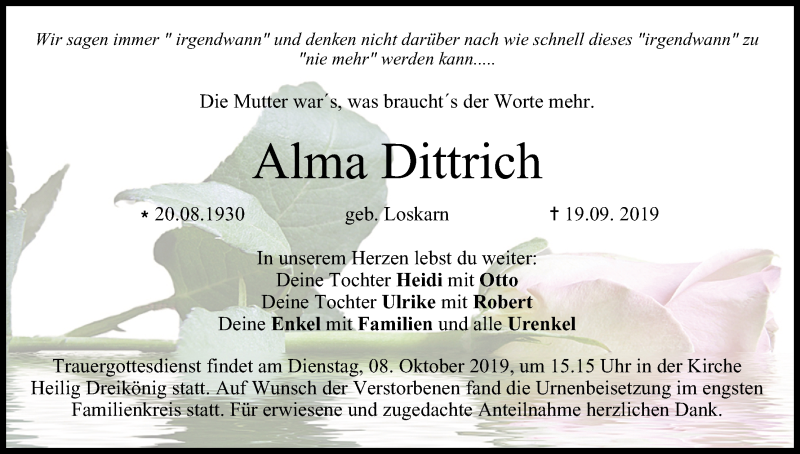  Traueranzeige für Alma Dittrich vom 05.10.2019 aus MGO