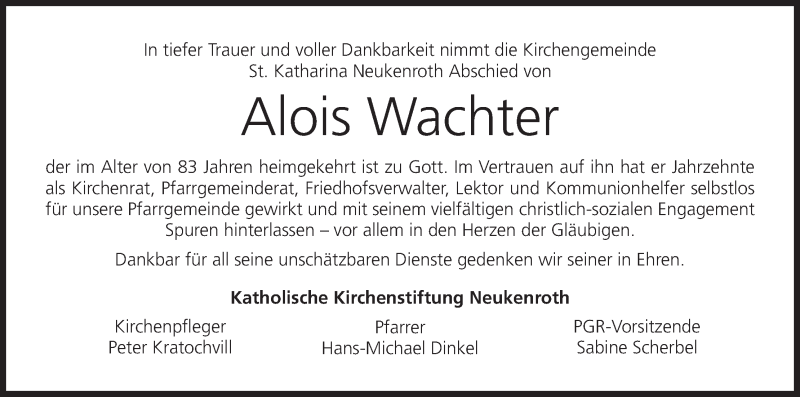  Traueranzeige für Alois Wachter vom 07.10.2019 aus MGO