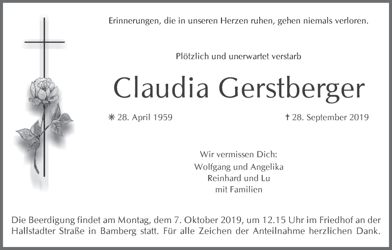  Traueranzeige für Claudia Gerstberger vom 05.10.2019 aus MGO