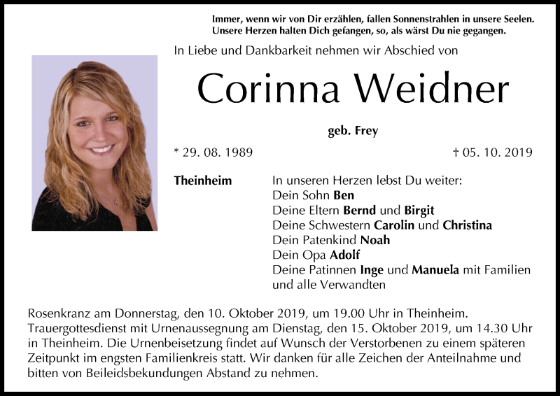  Traueranzeige für Corinna Weidner vom 09.10.2019 aus MGO
