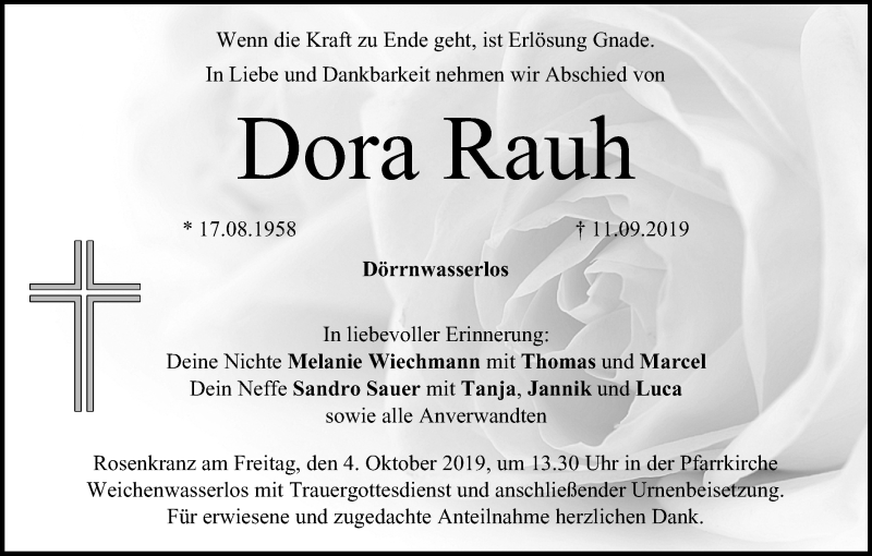  Traueranzeige für Dora Rauh vom 30.09.2019 aus MGO