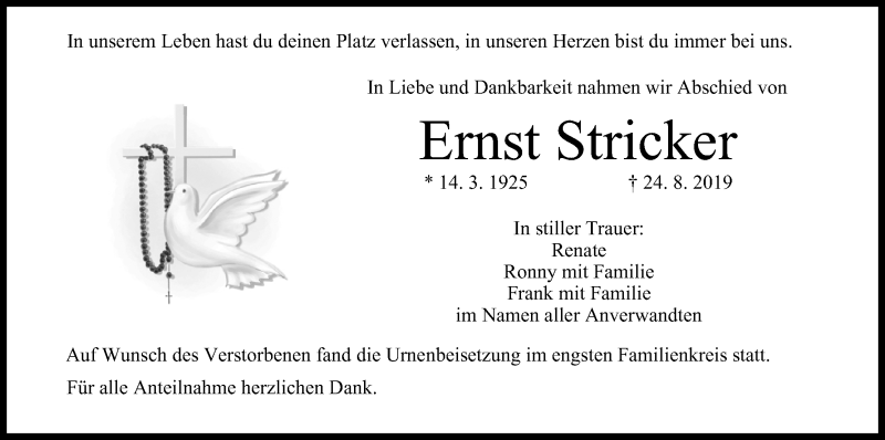  Traueranzeige für Ernst Stricker vom 07.10.2019 aus MGO