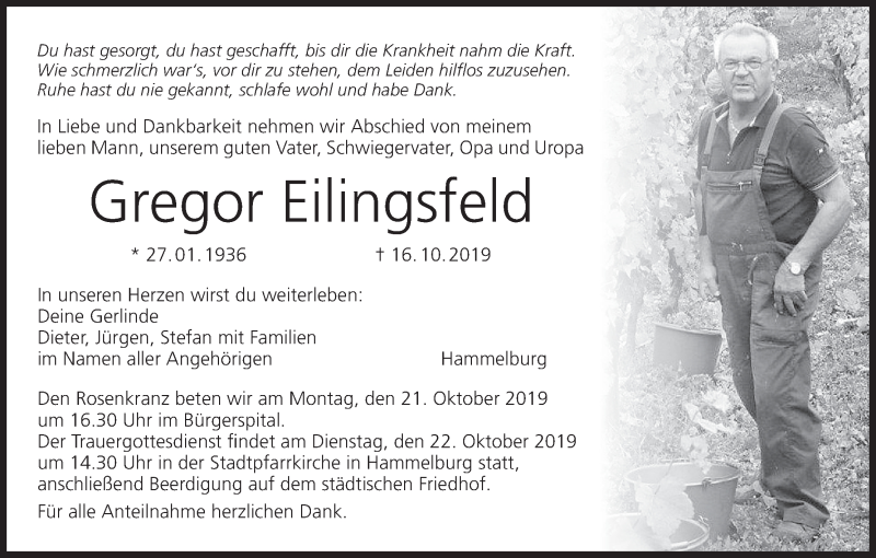  Traueranzeige für Gregor Eilingsfeld vom 19.10.2019 aus MGO