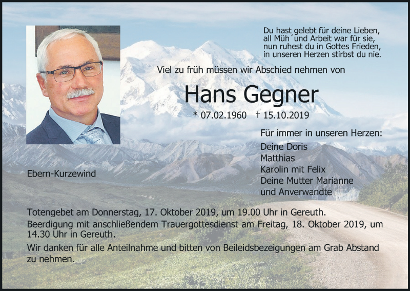  Traueranzeige für Hans Gegner vom 17.10.2019 aus MGO