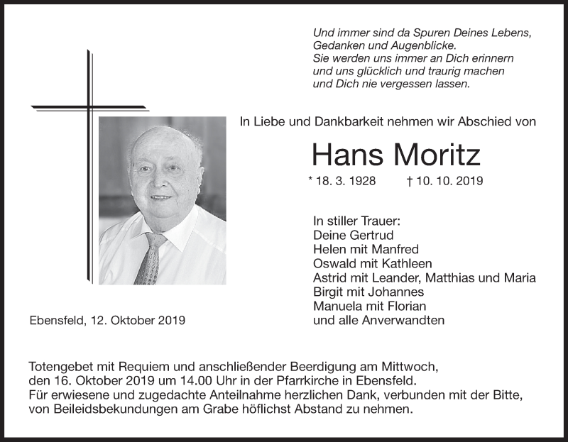  Traueranzeige für Hans Moritz vom 12.10.2019 aus MGO