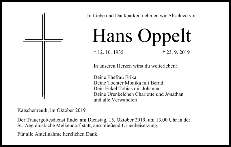  Traueranzeige für Hans Oppelt vom 12.10.2019 aus MGO